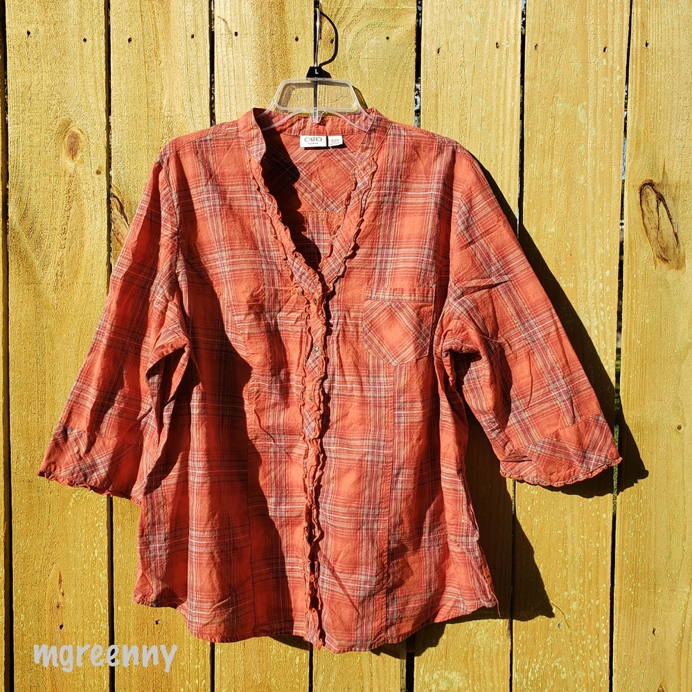 Cato Orange Plaid Frilled Top